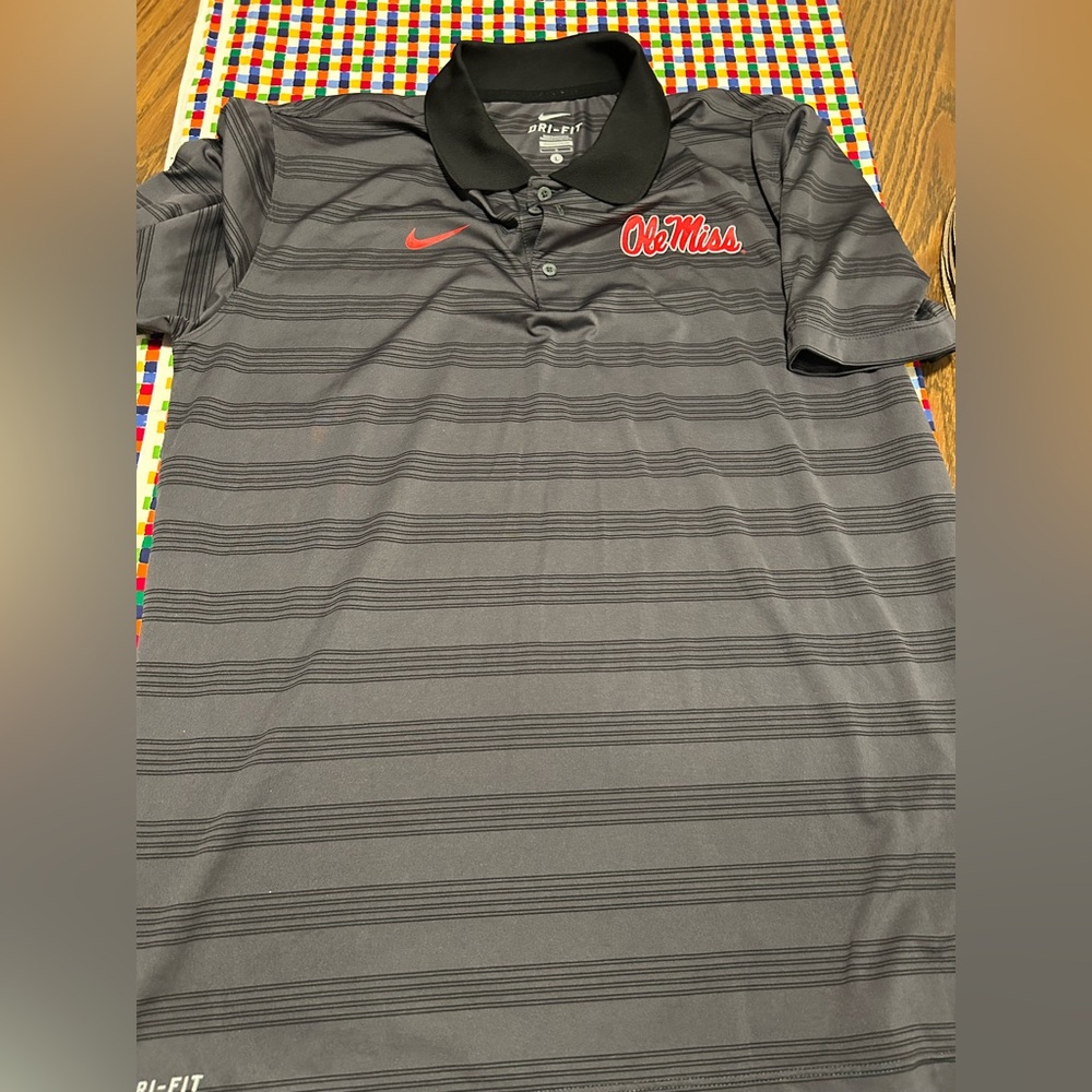 Nike Men's Ole Miss Black and Gray Striped Polo Shirt L
